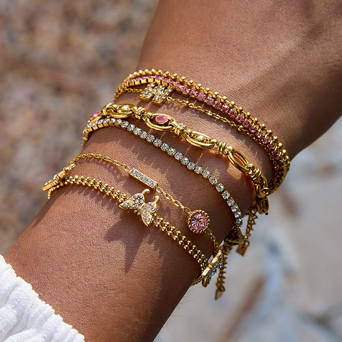 Gold Plated Charm Linked Chain Strand Bracelet