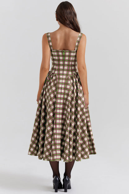 Vintage Plaid Pleated Spaghetti Dress
