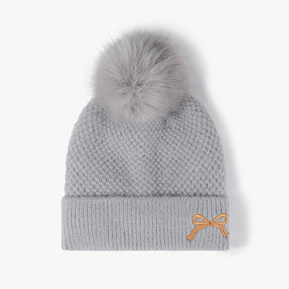 Cute Bow Embroidery Pom Pom Thicken Beanie