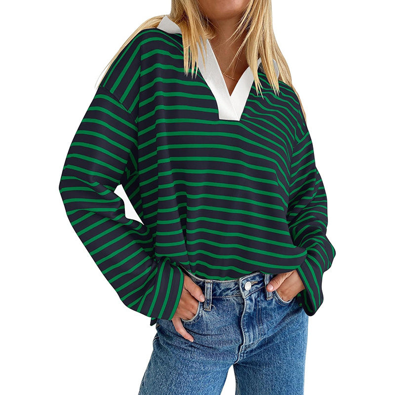 Lapel Striped Color Block Pullover Sweatshirt