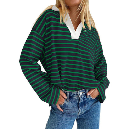 Lapel Striped Color Block Pullover Sweatshirt