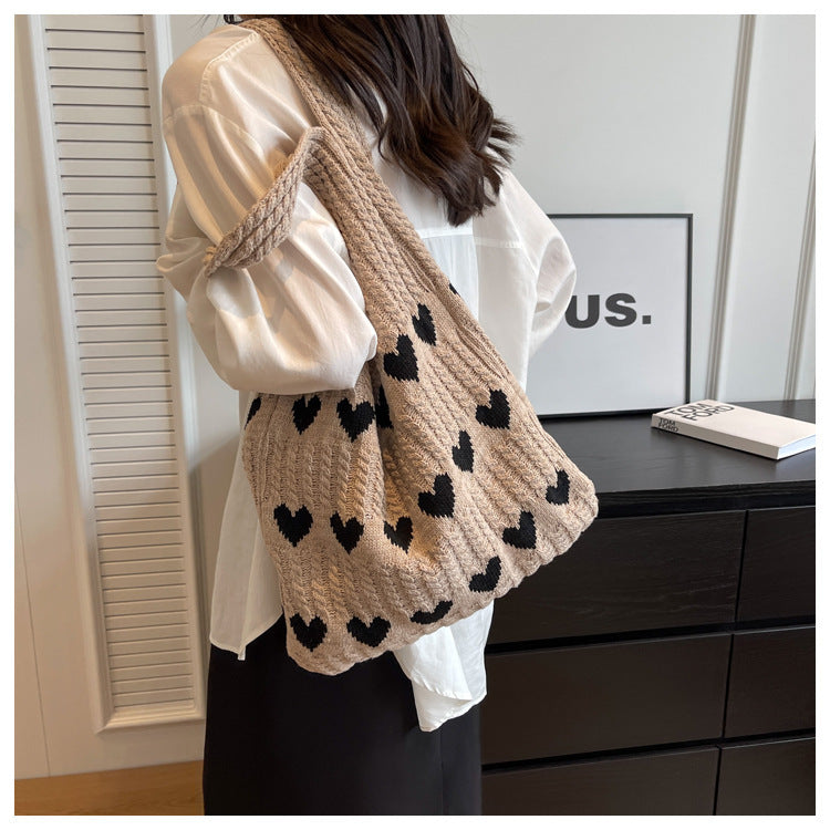 Love Print Color Block Simple Knit Shoulder Bag
