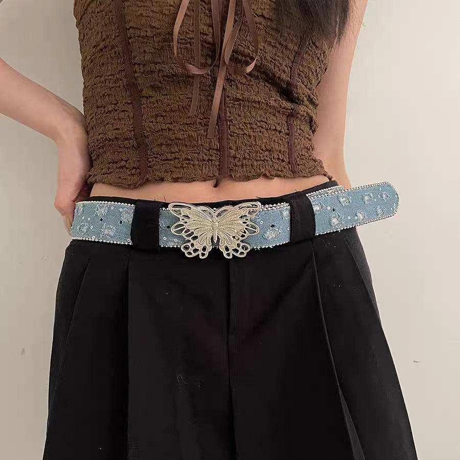 Butterfly Rhinestone Sequin Distressed Belt