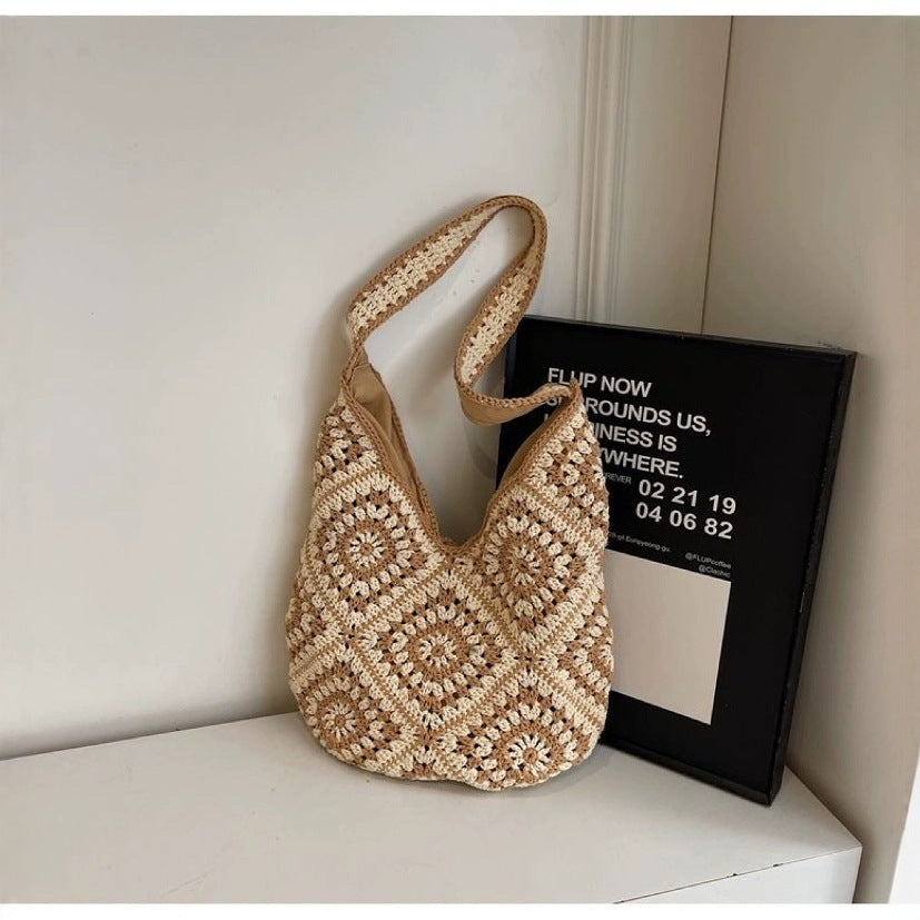 Color Block Braided Hollow Shoulder Bag