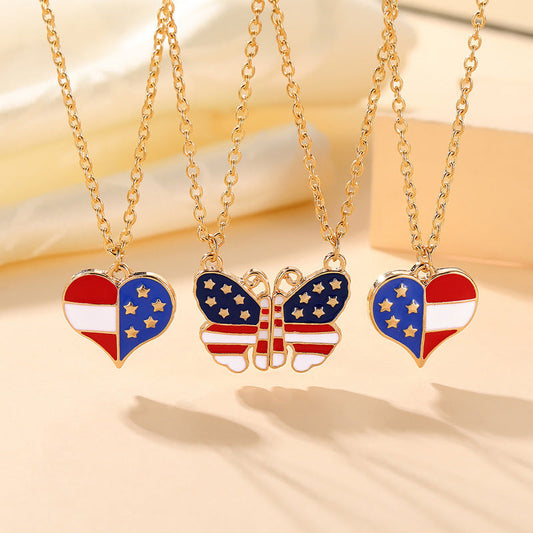 2Pcs USA Flag Heart Necklace Butterfly Necklaces