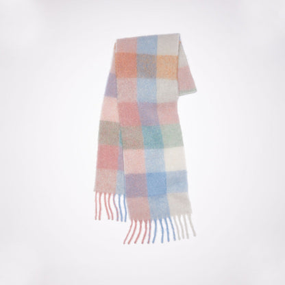 Cozy Color Block Plaid Fringed Knit Scarf