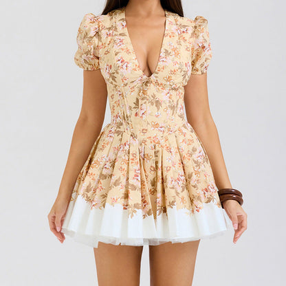 Floral Print Deep V-Neck Puff Mini Dress