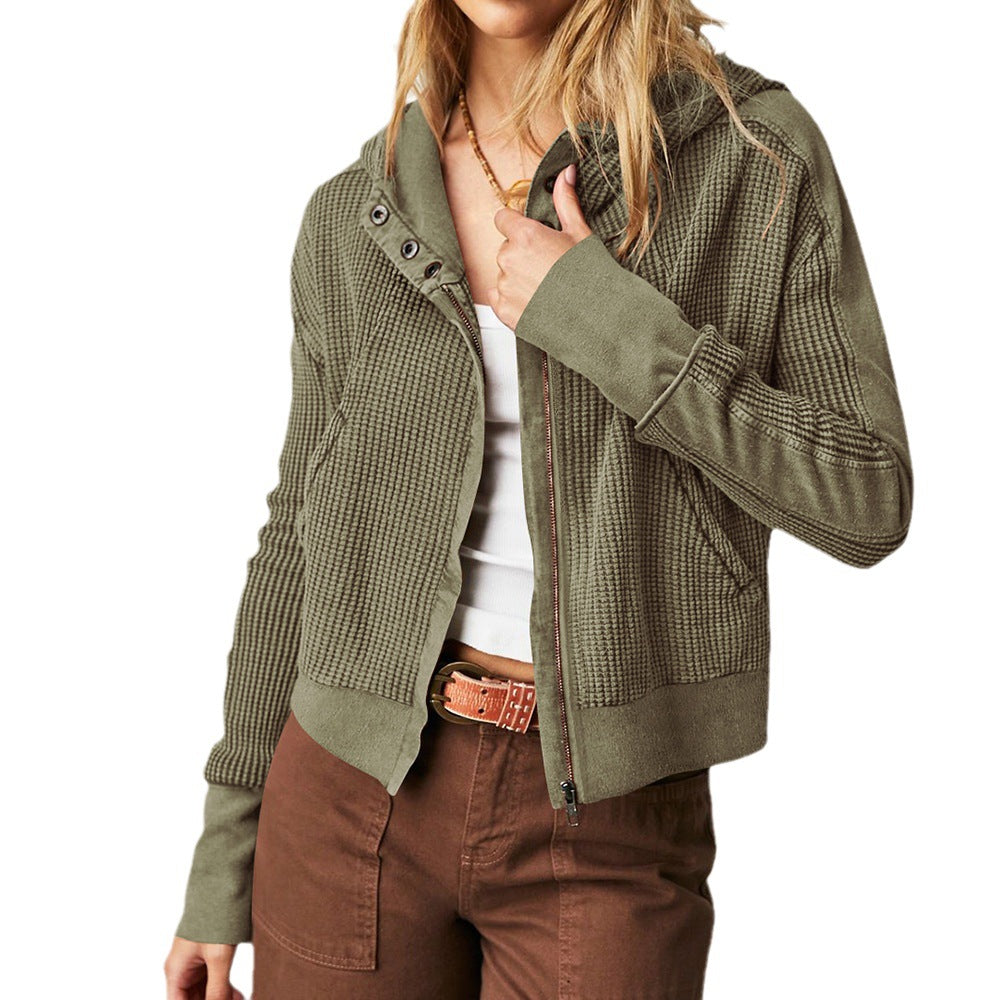 Casual Solid Color Zip Up Cropped Hoodie