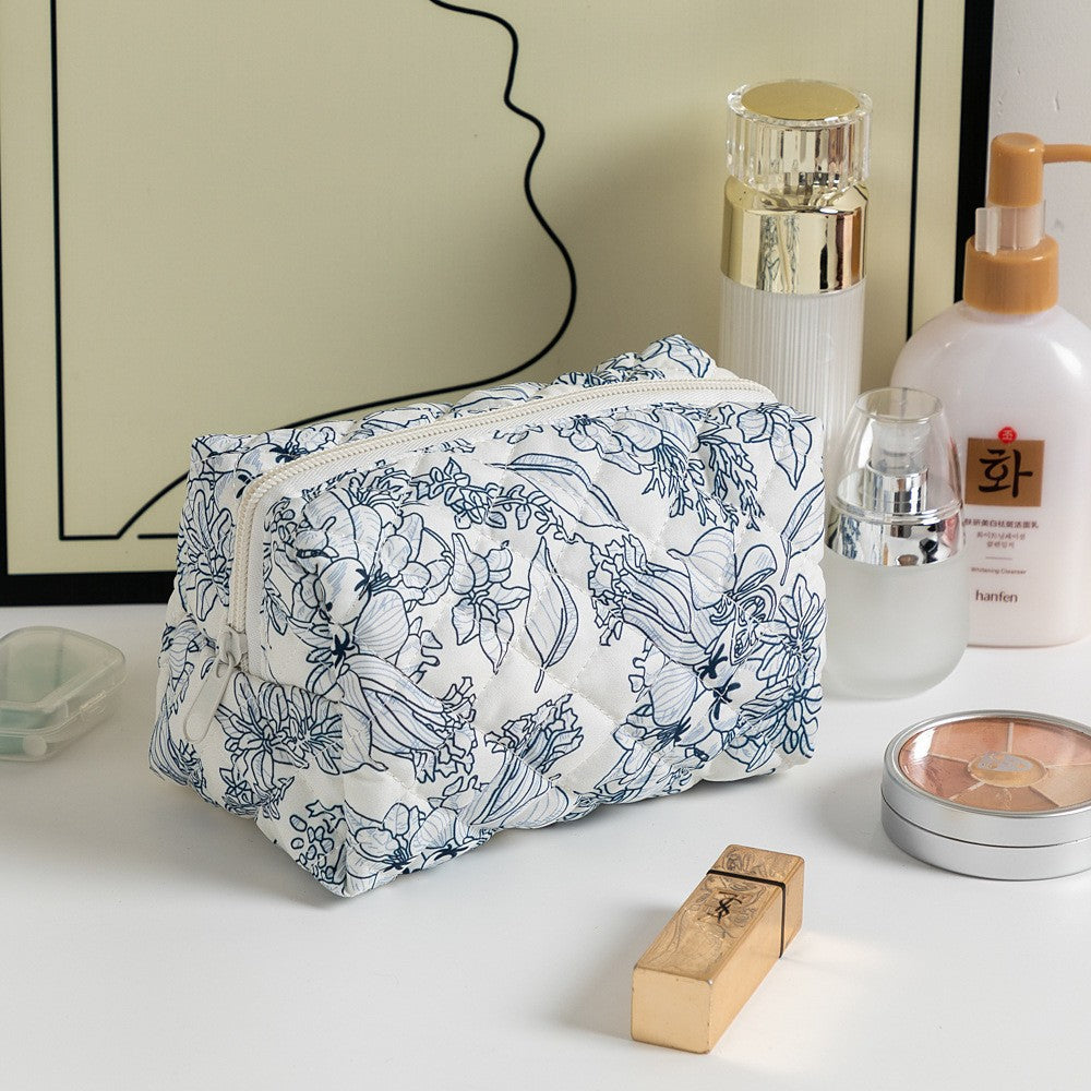 Floral Print Square Quilted Makeup Bag