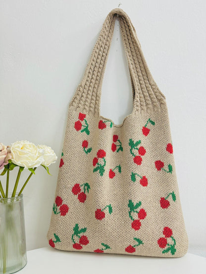 Cherry Print Cute Shoulder Bag Knit Tote Bag