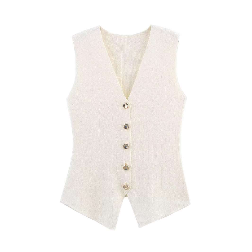 Knit Button Down Sleeveless V-Neck Tank Top