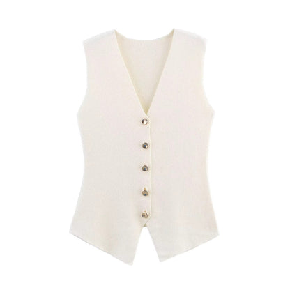 Knit Button Down Sleeveless V-Neck Tank Top