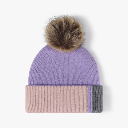 Splicing Color Block Padded Knit Pom Beanie