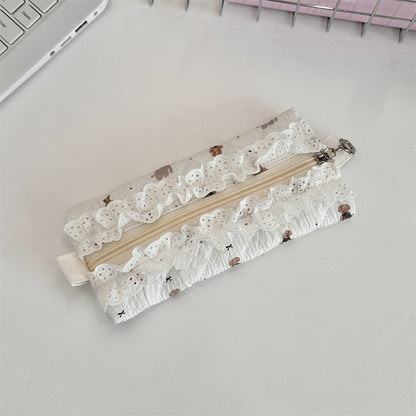 Lace Trim Cotton Quilted Pencil Pouch