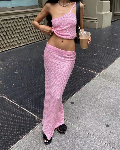 Knit Halter Crop Top and Maxi Skirt Sets