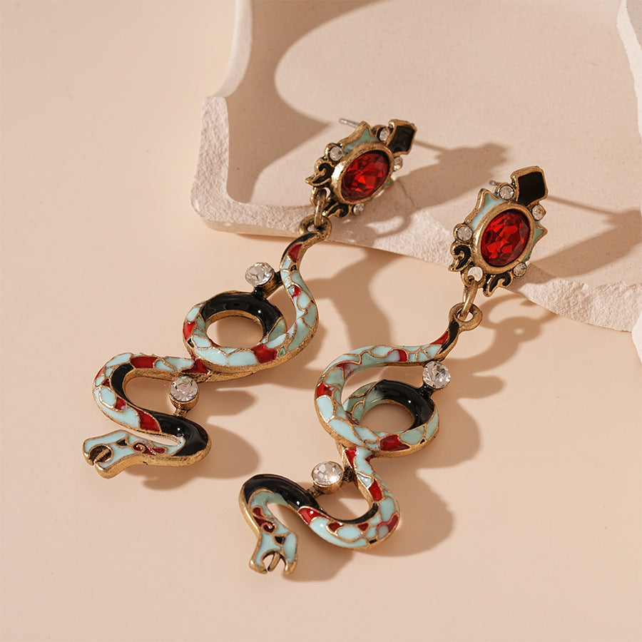 Retro Rhinestone Curved Snake Stud Earrings