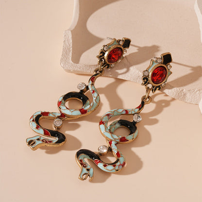 Retro Rhinestone Curved Snake Stud Earrings
