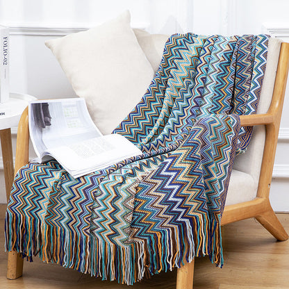 Boho Tassel Knit Color Block Throw Blanket