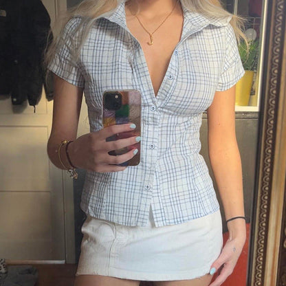 Color Block Plaid Short Sleeve Shirt