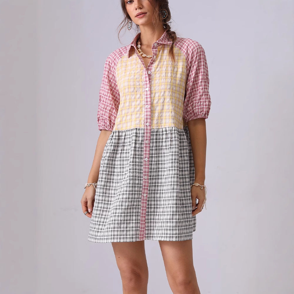Colorful Plaid Splicing Lapel Mini Dress