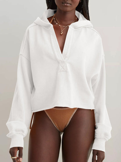 Solid Color Short Loose Hooded Sweatshirt