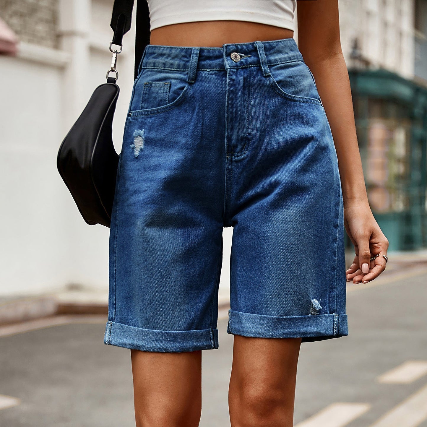 Distressed Folded Denim Bermuda Shorts