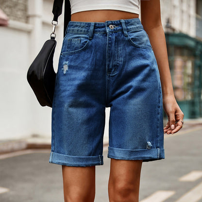 Distressed Folded Denim Bermuda Shorts