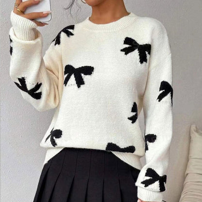 Elegant Round Neck Bow Jacquard Knit Sweater