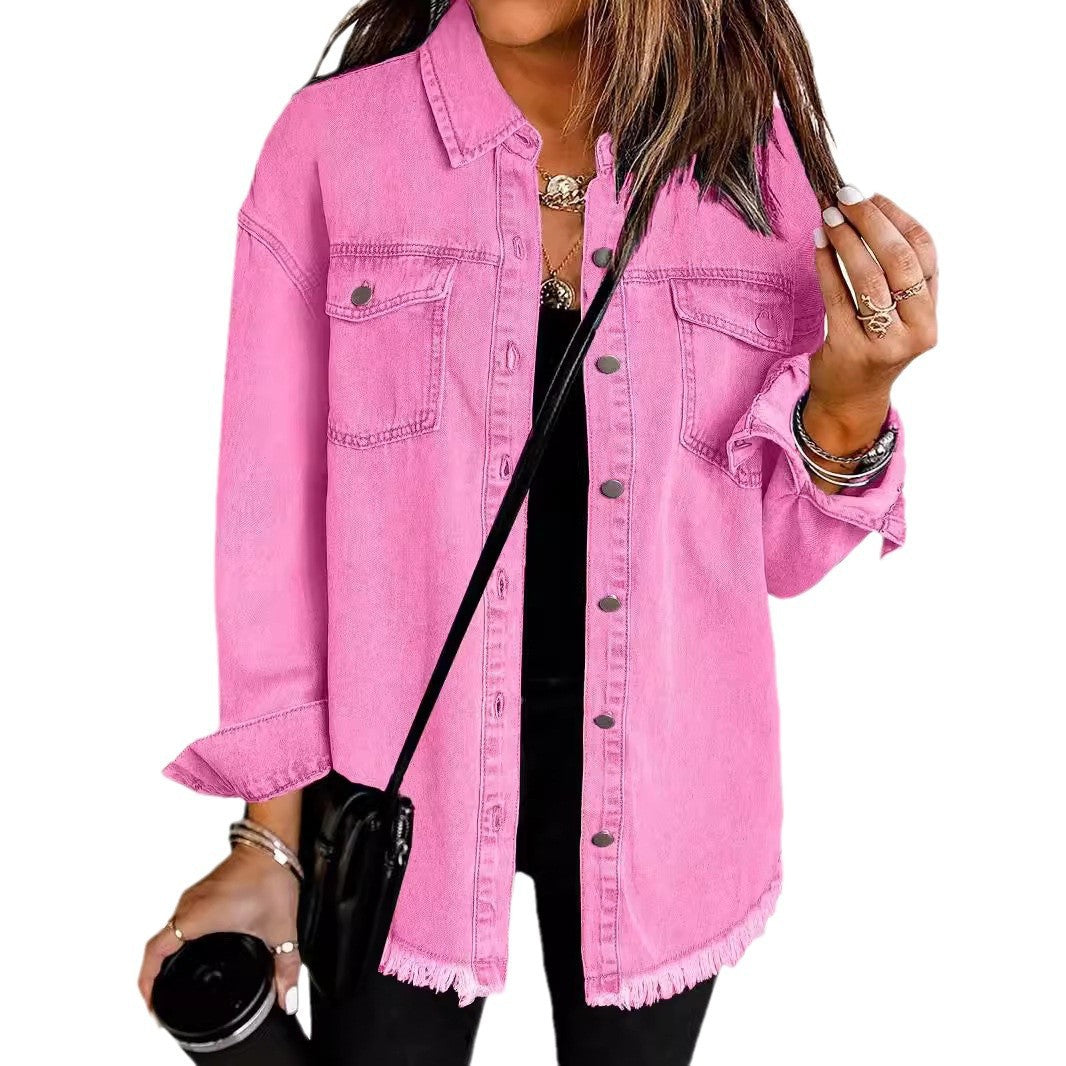 Trendy Washed Long Sleeve Frayed Hem Jacket