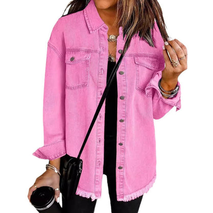 Trendy Washed Long Sleeve Frayed Hem Jacket