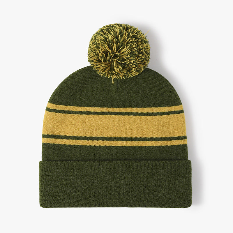Stripe Contrast Color Stretch Pom Beanie
