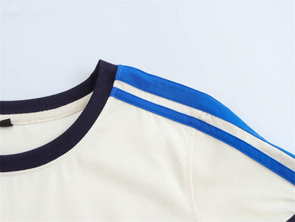 Round Neck Short Sleeve Striped Printed Top