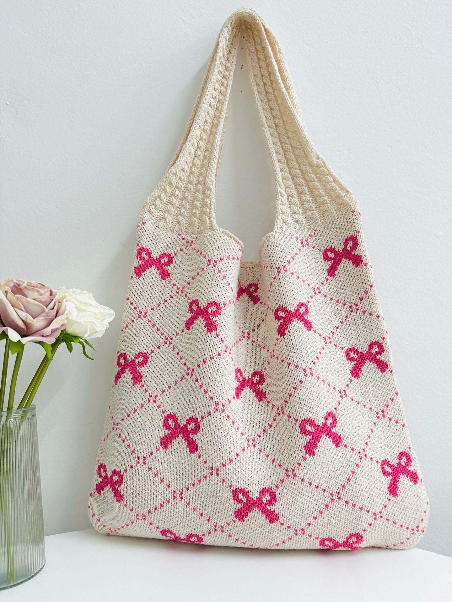 Bows Print Large Capacity Knit Shoulder Bag