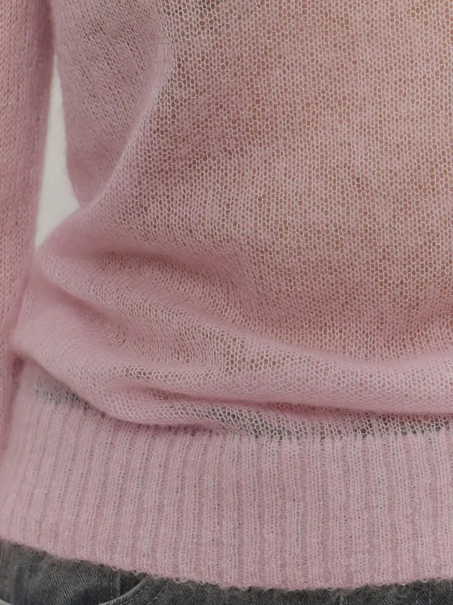 Simple Sheer Round Neck Long Sleeve Knit Top