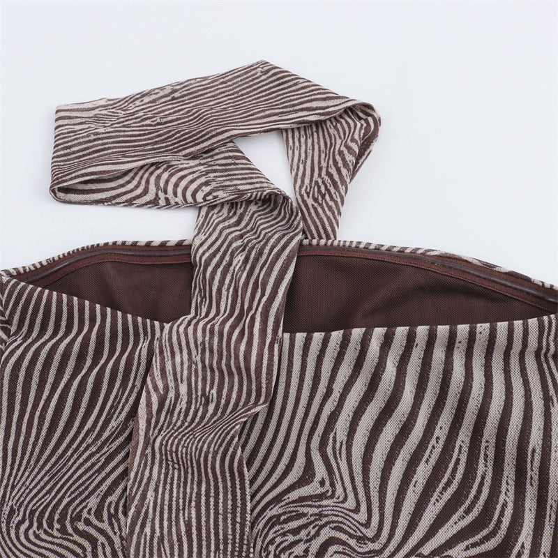 Vintage Striped Print Layered Halter Mini Dress