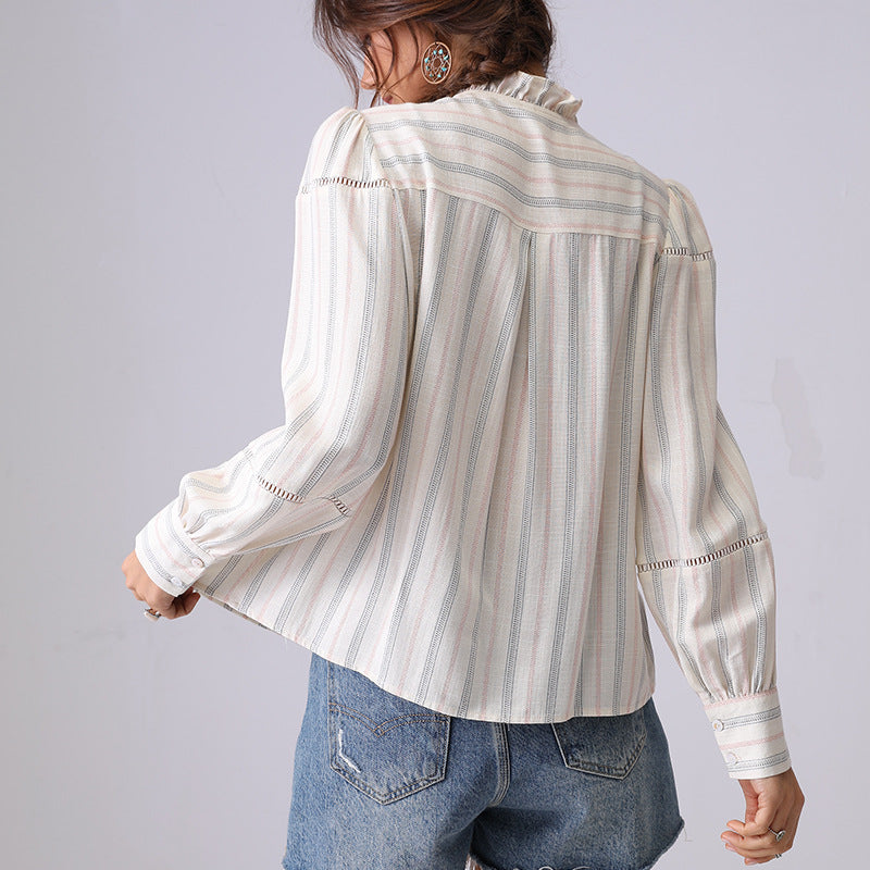 Simple Striped Long Sleeve Ruffle Neck Top