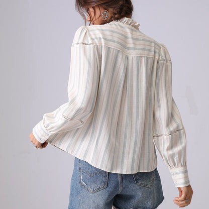 Simple Striped Long Sleeve Ruffle Neck Top