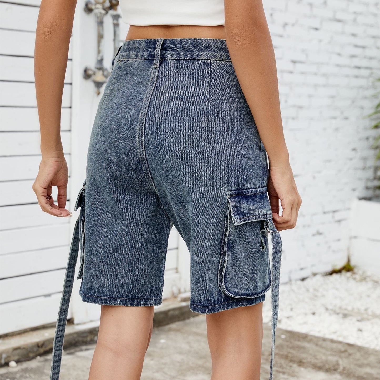 Distressed Straight Leg Cargo Denim Shorts