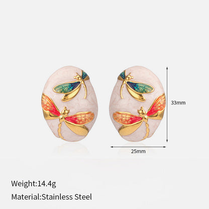 Asymmetrical Oval Enamel Dragonfly Stud Earring
