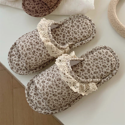 Vintage Floral Print Lace Trim Slippers