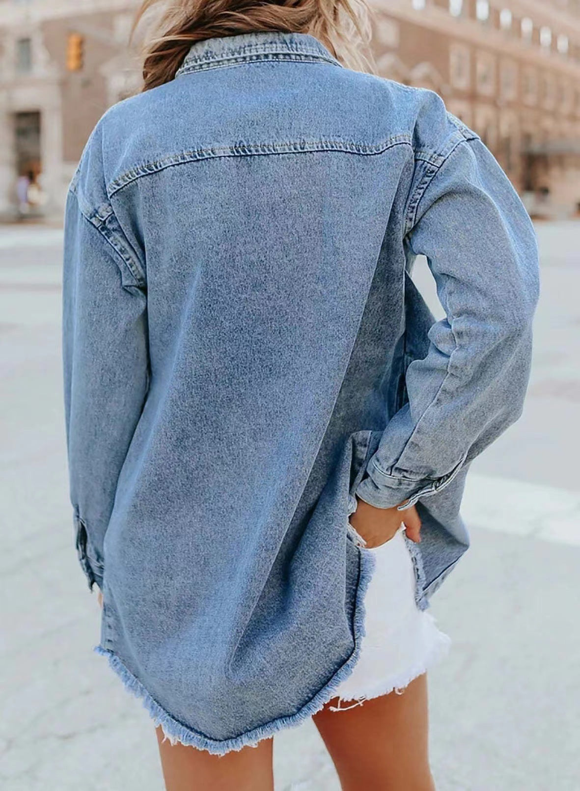 Trendy Washed Long Sleeve Frayed Hem Jacket