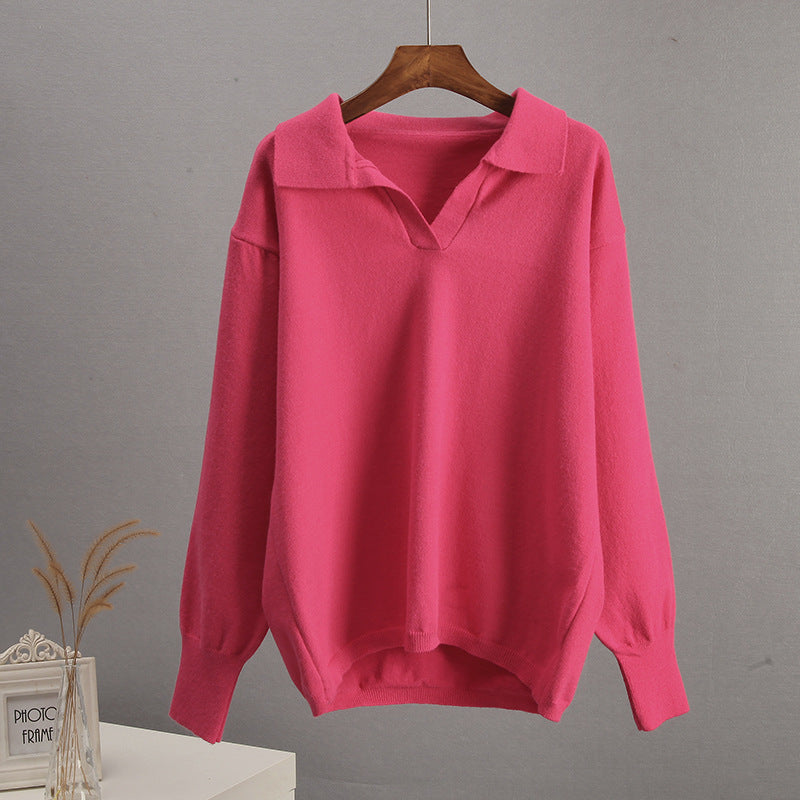 Trendy Polo Collar Long Sleeve Knit Sweater