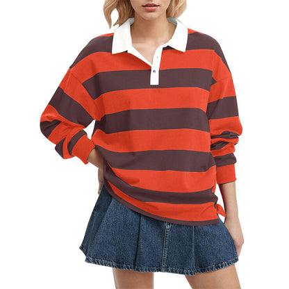 Striped Lapel Collar Long Sleeve Casual Top