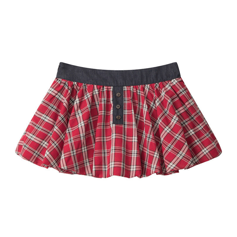 Plaid Pleated Puff Mini Skirt