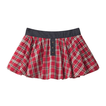 Plaid Pleated Puff Mini Skirt