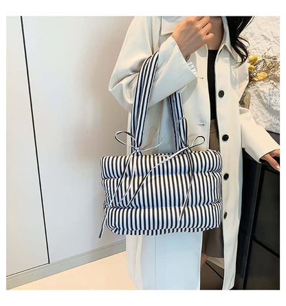 Striped Puffer Bow Knot Shoulder Handbag