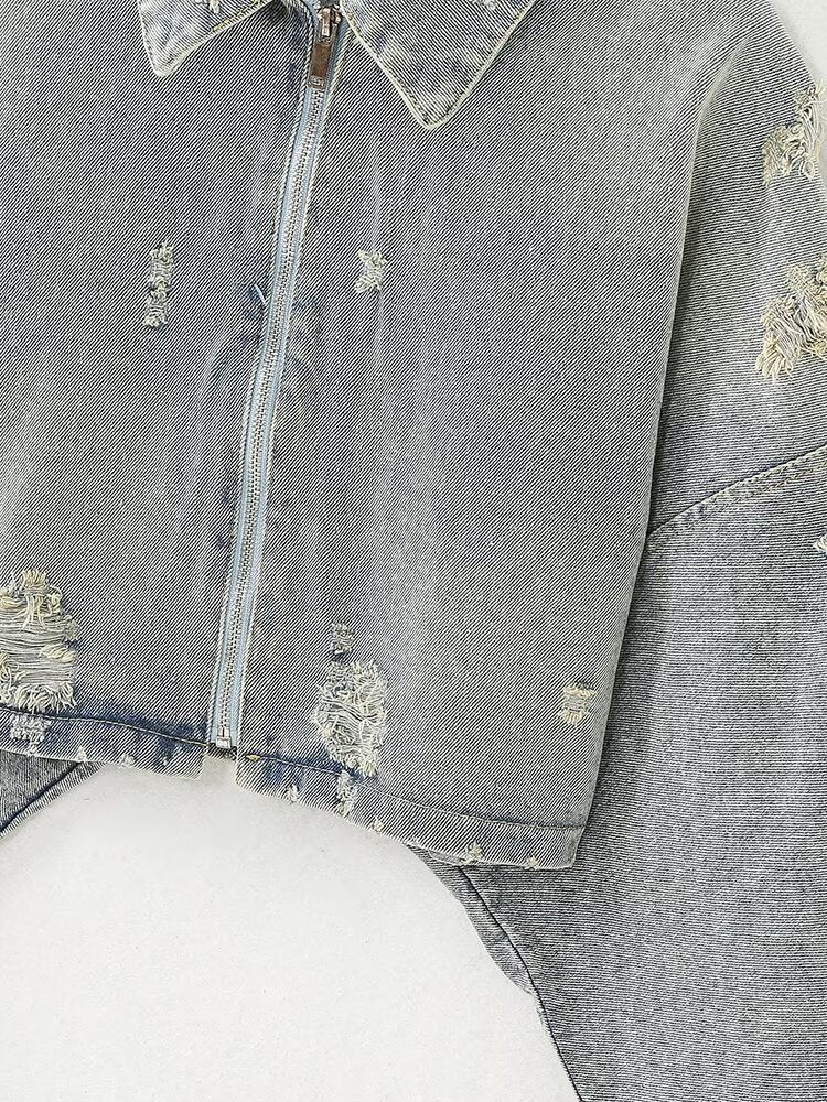 Trendy Ripped Denim Long Sleeve Cropped Jacket