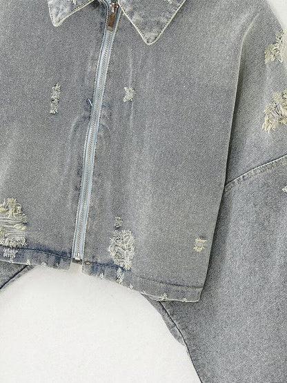 Trendy Ripped Denim Long Sleeve Cropped Jacket