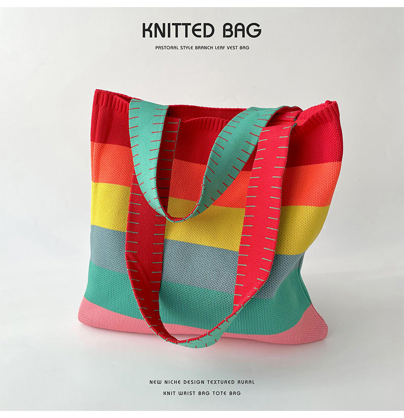 Rainbow Splice Color Block Knit Tote Bag