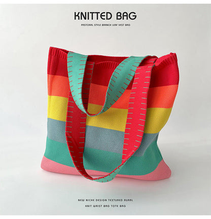 Rainbow Splice Color Block Knit Tote Bag